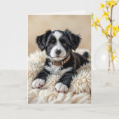 Carte Joli chiot d'anniversaire sur un Coussin de fourru (Fleur jaune)