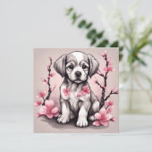 Carte Joli chiot et fleurs de cerisier rose  (Debout devant)