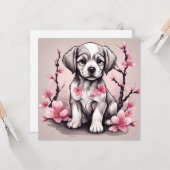 Carte Joli chiot et fleurs de cerisier rose  (Devant/Arrière en situation)
