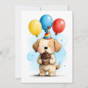 Carte Joli chiot et gâteau d'anniversaire pour enfant à