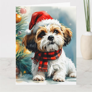 Carte Joli chiot Père Noël avec sapin de Noël