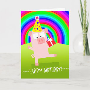 Carte Joli Cochon d'Anniversaire Sous un Ciel Arc-en-Cie