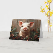 Carte Joli Cochon de Noël Peinture rustique (Fleur jaune)