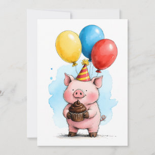 Carte Joli Cochon Rose & Gâteau pour Enfant Joyeux Anniv