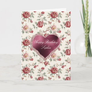 Carte Joli cœur floral rouge crème chic