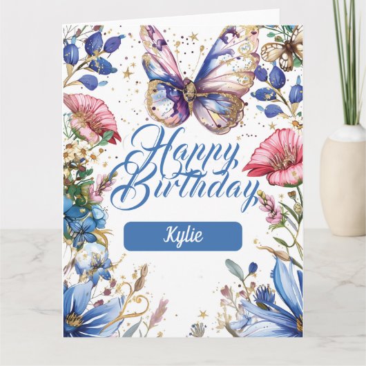 Carte Joli design d'anniversaire fleuri et papillon (Devant)