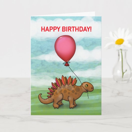 Carte Joli dinosaure avec ballon rouge (Petite plante)
