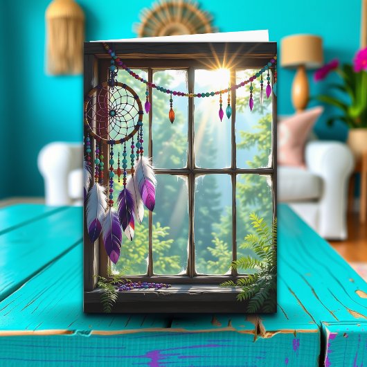 Carte Joli Dreamcatcher violet dans la fenêtre Anniversa