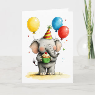 Carte Joli éléphant avec gâteau d'anniversaire pour enfa