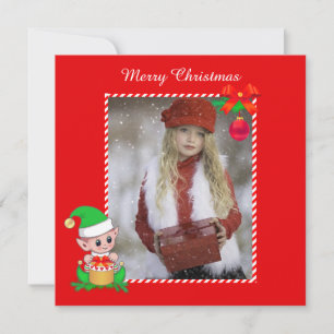 Carte Joli elfe de Noël & photo personnalisée sur fond r