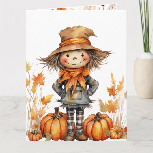 Carte Joli épouvantail d'automne avec citrouille et feui (Devant)