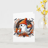 Carte Joli Fantôme Buvant du Café Thème Halloween Fantom (Fleur jaune)
