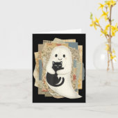 Carte Joli fantôme serrant un chat noir Halloween (Fleur jaune)