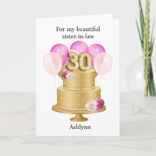 Carte Joli gâteau d'anniversaire rose et or 30 ans