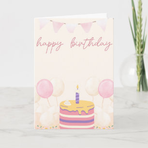 Carte Joli gâteau rose, blanc et violet à étages, ballon
