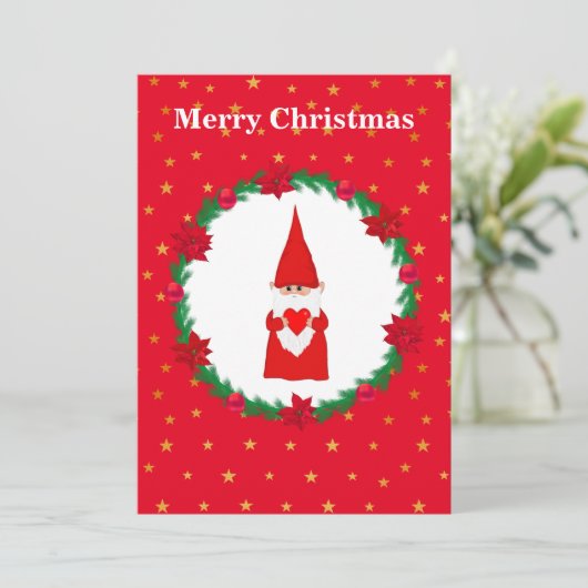 Carte Joli gnome de Noël, couronne de pin & étoiles (Debout devant)