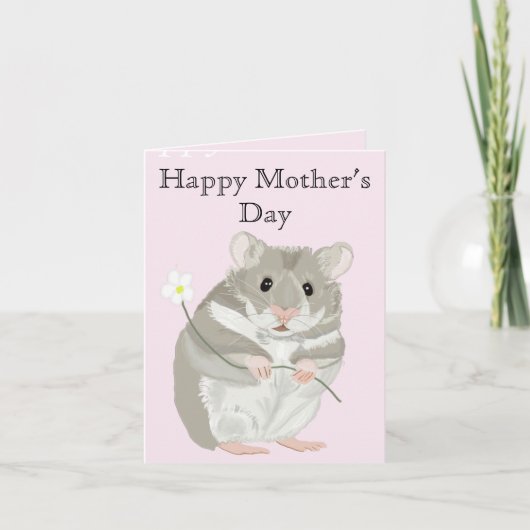Carte Joli hamster gris et blanc tenant une fleur  (Devant)