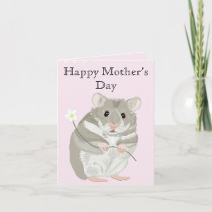 Carte Joli hamster gris et blanc tenant une fleur 