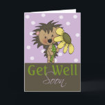 Carte Joli Hérisson, Va Bien Bientôt<br><div class="desc">Joli petit hérisson avec une grande fleur jaune sur un arrière - plan lilas spotty,  au-dessus des mots "bien bientôt" cartes de Ricaso licence cu de ScrappinDoodles</div>