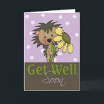 Carte Joli Hérisson, Va Bien Bientôt<br><div class="desc">Joli petit hérisson avec une grande fleur jaune sur un arrière - plan lilas spotty,  au-dessus des mots "bien bientôt" cartes de Ricaso licence cu de ScrappinDoodles</div>