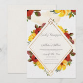 Carte Joli jaune rouge rustique Aquarelle Mariage Floral (Devant / Derrière)