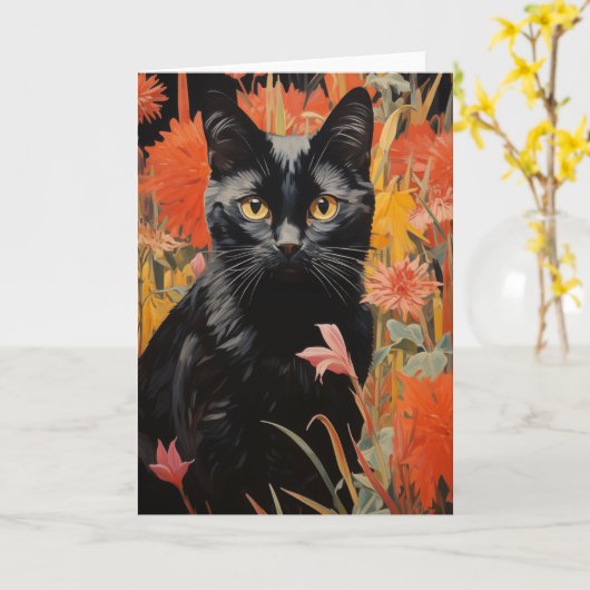 Carte Joli Kitty noir (Fleur jaune)