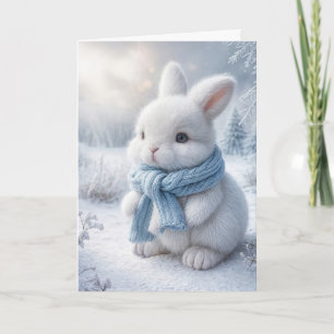 Carte Joli Lapin Blanc Avec Écharpe Hiver