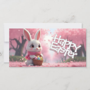 Carte Joli lapin de Pâques avec panier et œufs colorés