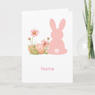 Carte Joli lapin de Pâques rose avec des fleurs printani