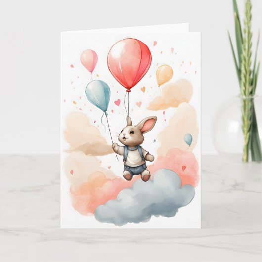 Carte Joli lapin de watercolor Ballon Rouge Géant Vide (Devant)