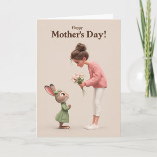 Carte Joli Lapin Offrant des Fleurs pour la Fête des Mèr