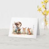 Carte Joli Livre Fille aux Yeux Bleus Lapins Fleurs  (Fleur jaune)