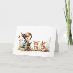 Carte Joli Livre Fille aux Yeux Bleus Lapins Fleurs