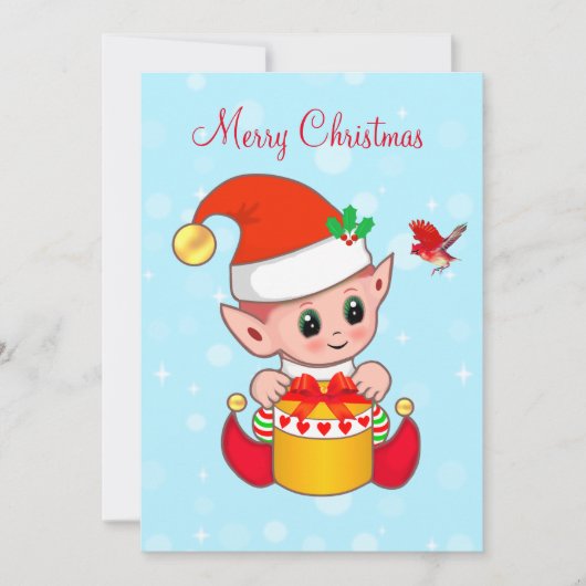 Carte Joli lutin de Noël joyeux et oiseau cardinal (Devant)