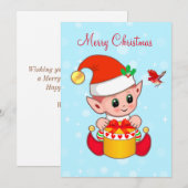 Carte Joli lutin de Noël joyeux et oiseau cardinal (Devant / Derrière)