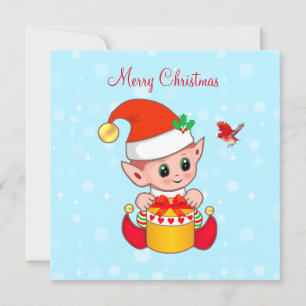 Carte Joli lutin de Noël joyeux et oiseau cardinal