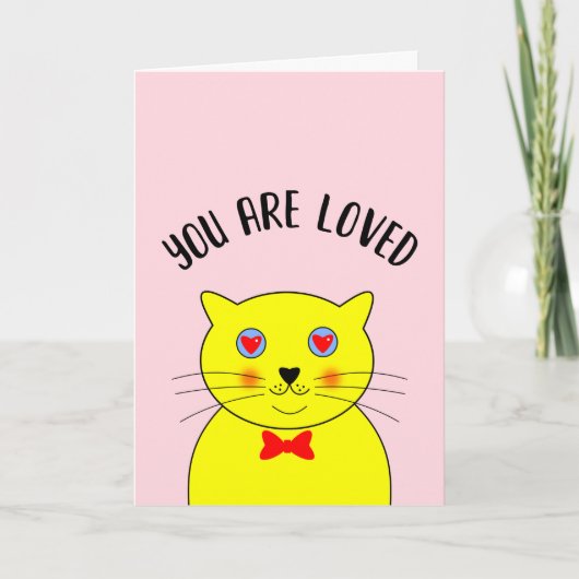 Carte Joli Mignon Chat Jaune Gras Coeurs Rouges Amour (Devant)