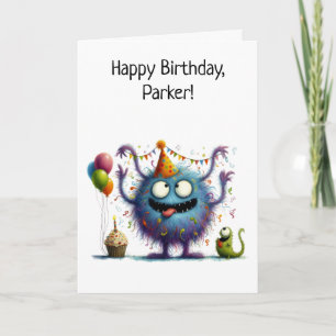 Carte Joli monstre avec ballons et gâteau d'anniversaire