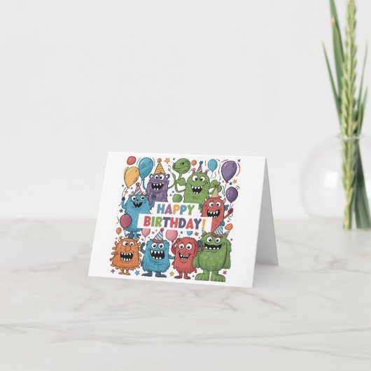 Carte Joli Monstres colorés avec Ballons Anniversaire (Devant)