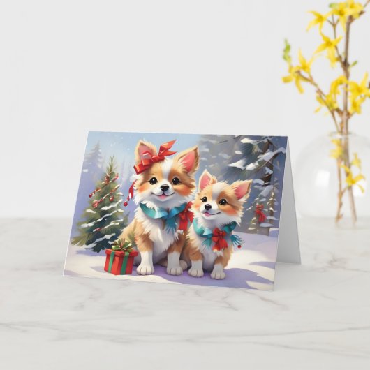 Carte Joli Noël Corgis Fête de Noël (Fleur jaune)