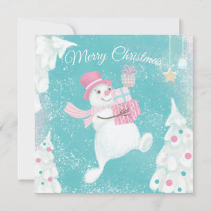 Carte Joli Noël Snowman rose et menthe
