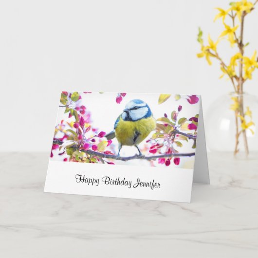 Carte Joli oiseau bleu et jaune sur une branche Annivers (Fleur jaune)