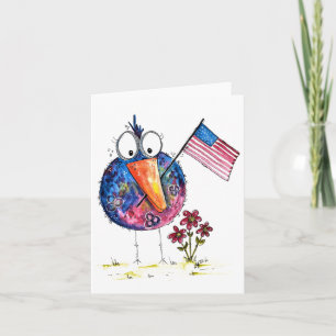 Carte Joli Oiseau Patriotique Fantaisiste avec Drapeau