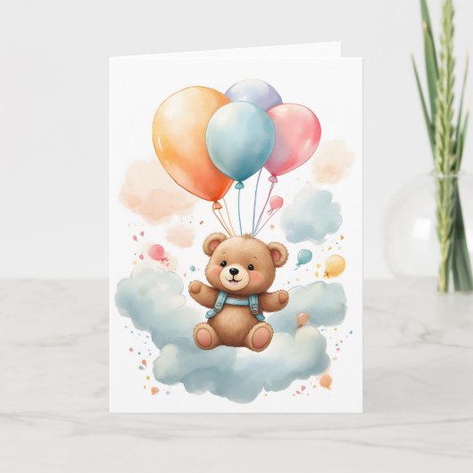 Carte Joli ours en peluche à l'aquarelle flottant dans l (Devant)