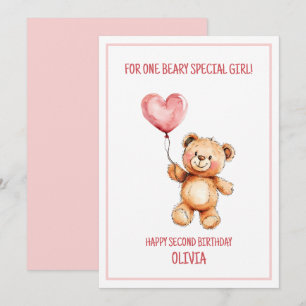 Carte Joli Ours en Peluche Ballon Rose Joyeux 2ème Anniv