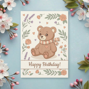 Carte Joli ours en peluche floral pour l'anniversaire de