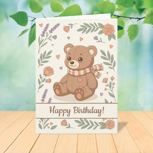 Carte Joli ours en peluche floral pour l'anniversaire de