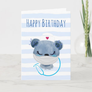 Carte Joli ours infirmier portant un masque Joyeux Anniv