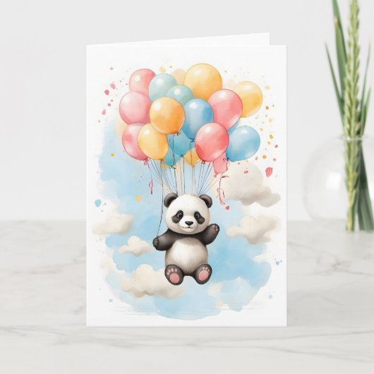 Carte Joli Ours Panda Aquarelle Ballons Blancs (Devant)