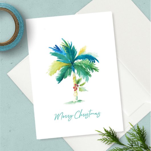Carte Joli Palmier Tropical Aquarelle Plage Noël